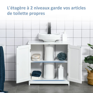 Meuble vasque - meuble sous-vasque - 2 portes rainurées avec étagère réglable - poignées métal chromé - dim. 60L x 30l x 60H cm - MDF blanc