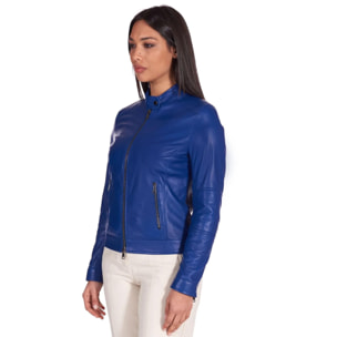 Giacca biker in pelle naturale bluette effetto liscio