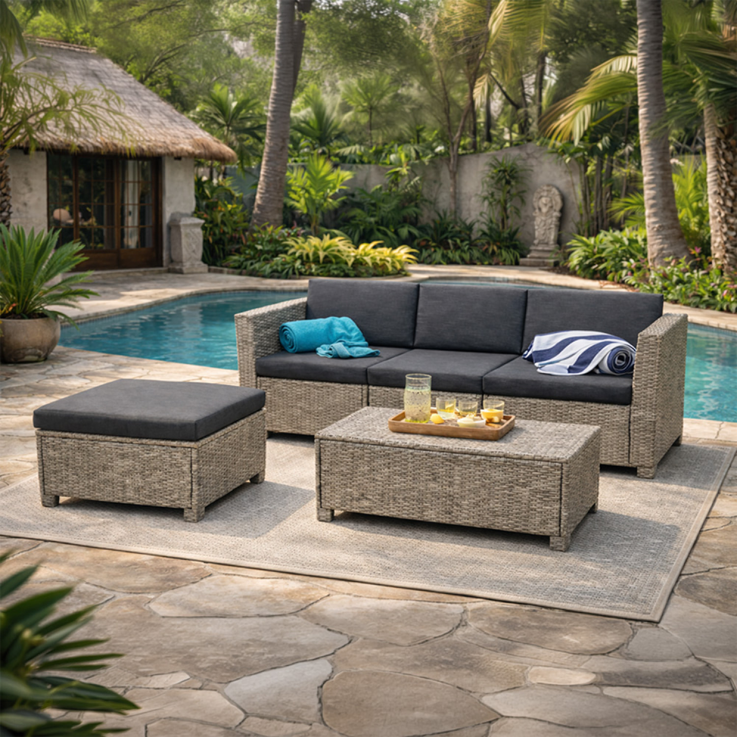 MILLY Salon de jardin 4 places en résine tressée gris et noir