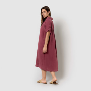 Vestido midi manga fluida muselina malva/rosa