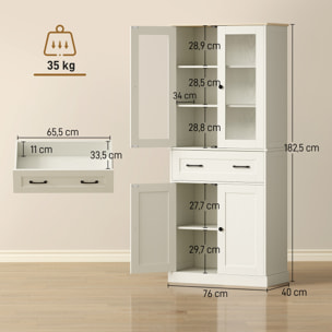 Alacena de Cocina, Mueble Auxiliar de Cocina con 2 Puertas de Acrílico, Cajón Grande, Estantes Ajustables, para Comedor, 76x40x182,5 cm, Crema