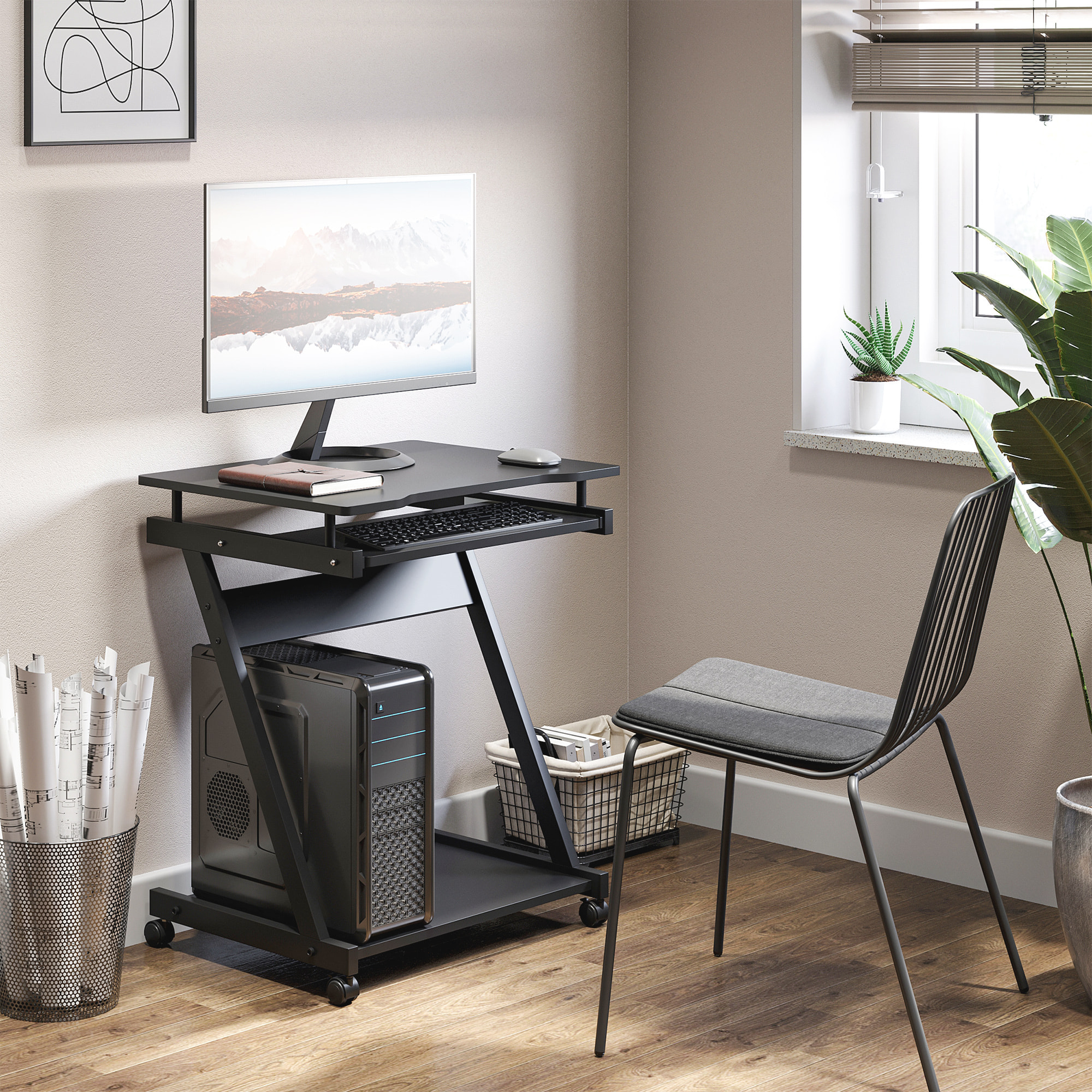 Mesa de Ordenador con Ruedas, 60x48 cm, Escritorio de Ordenador Moderno con Bandeja Deslizante para Teclado y Estante Inferior, Marco Metálico en Forma de Z, para Oficina, Estudio, Negro