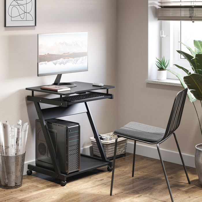 Mesa de Ordenador con Ruedas, 60x48 cm, Escritorio de Ordenador Moderno con Bandeja Deslizante para Teclado y Estante Inferior, Marco Metálico en Forma de Z, para Oficina, Estudio, Negro