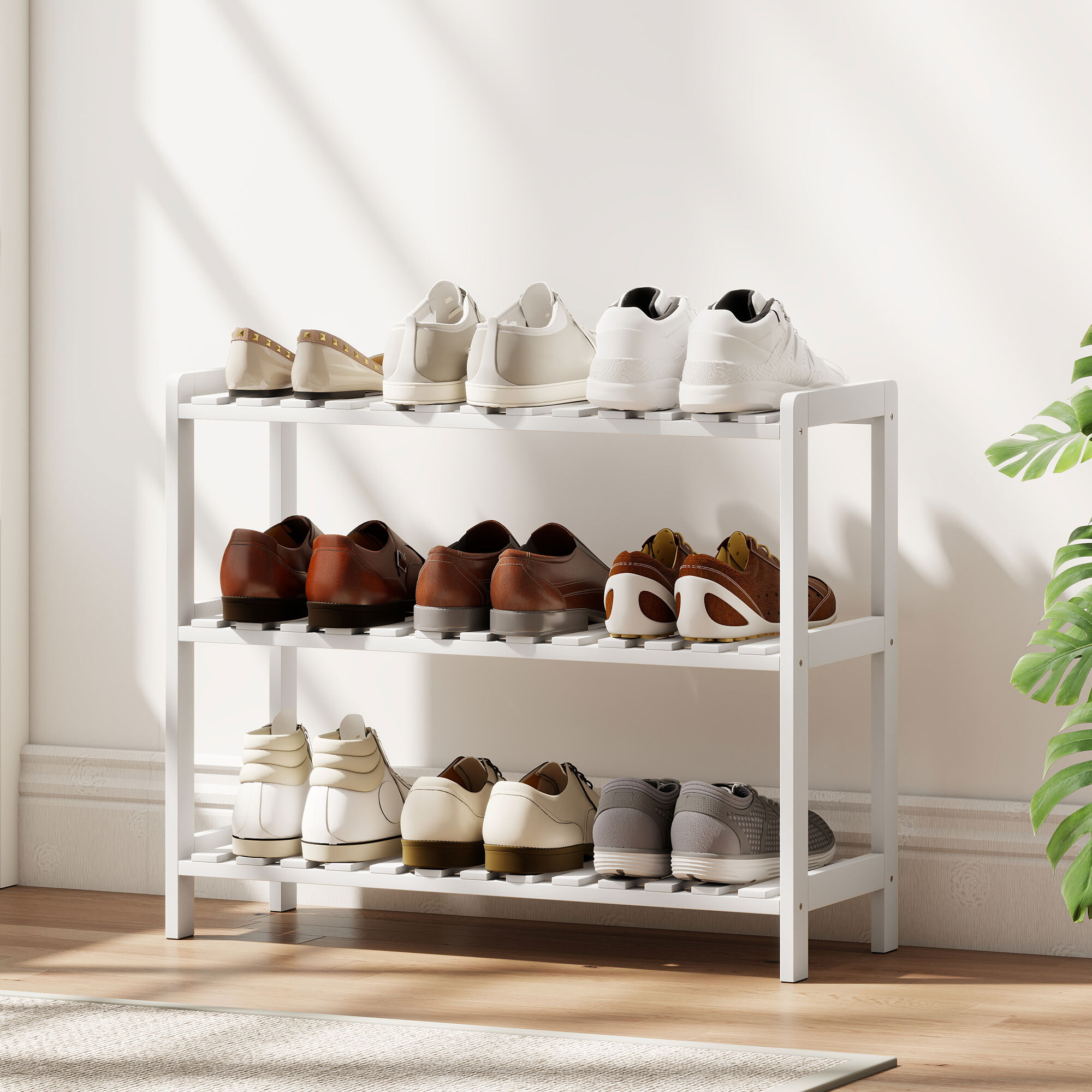 Meuble à chaussures range-chaussures 3 niveaux MDF bambou blanc