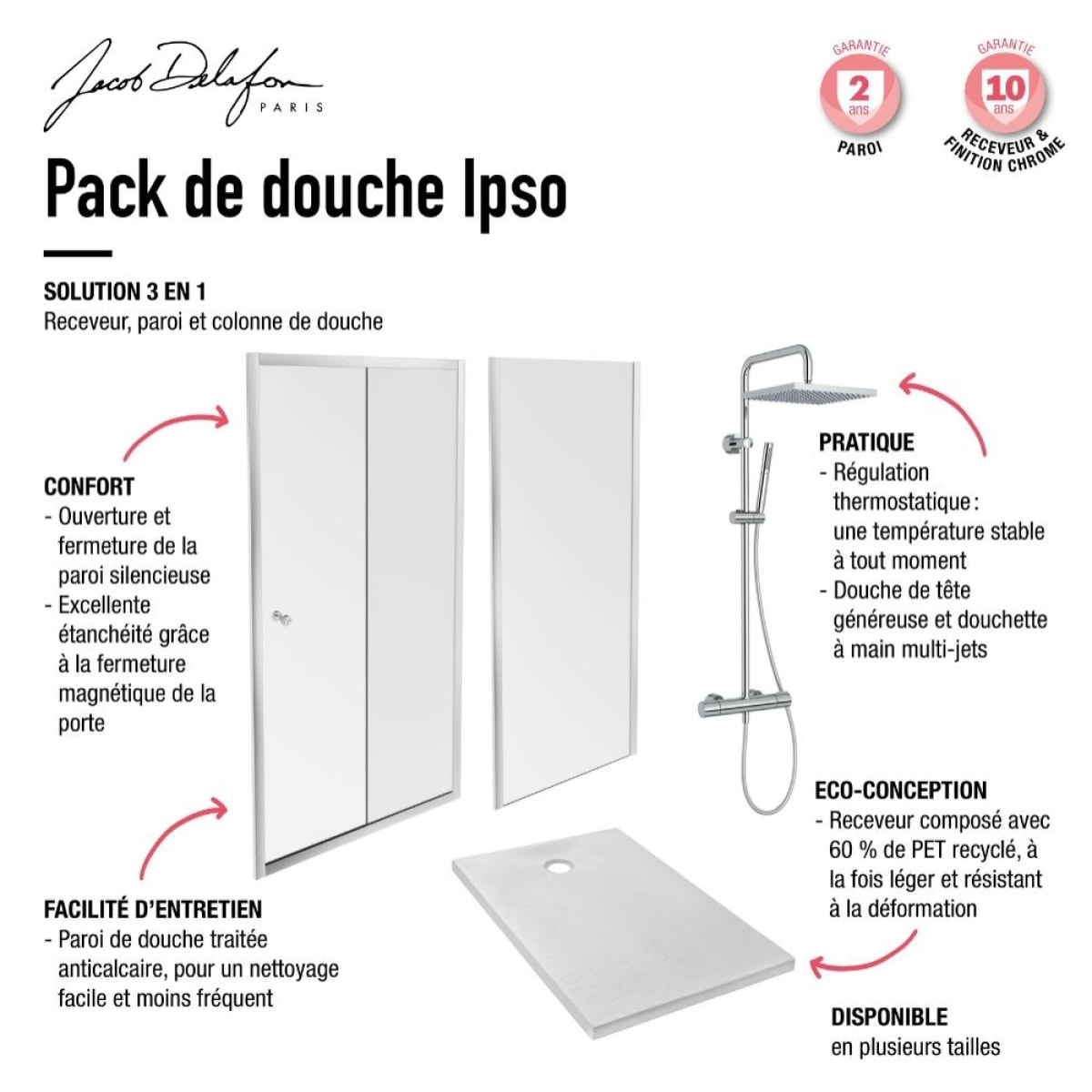 Jacob Delafon - Pack douche avec receveur Ipso, colonne douche Brigitte et paroi de douche Serenity