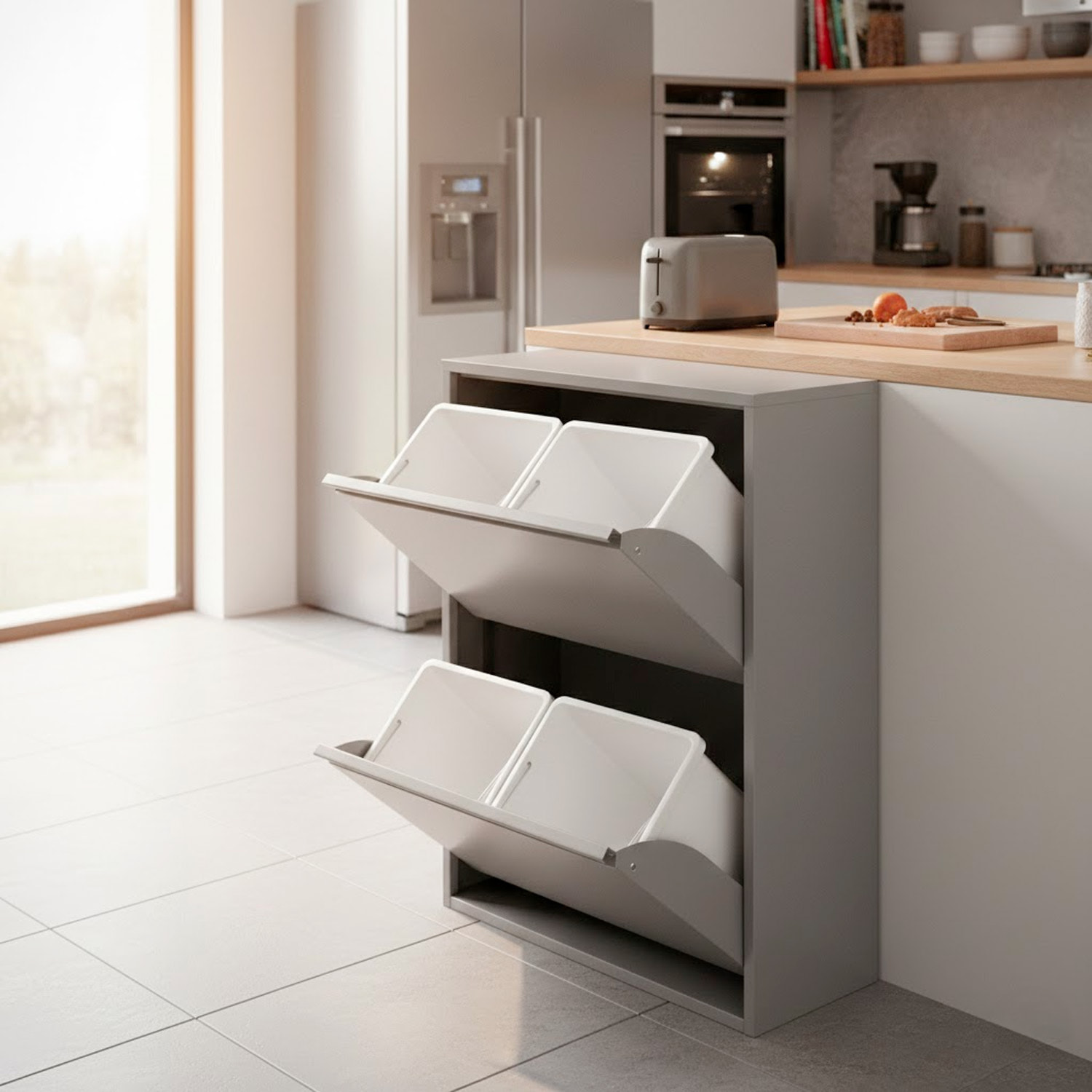 Pattumiera Raccolta Differenziata In Metallo Con 4 Cestini Estraibili E 2 Ante A Ribalta Bidone Cestino Salvaspazio 60 x 25 x 92.5 Cm Grigio