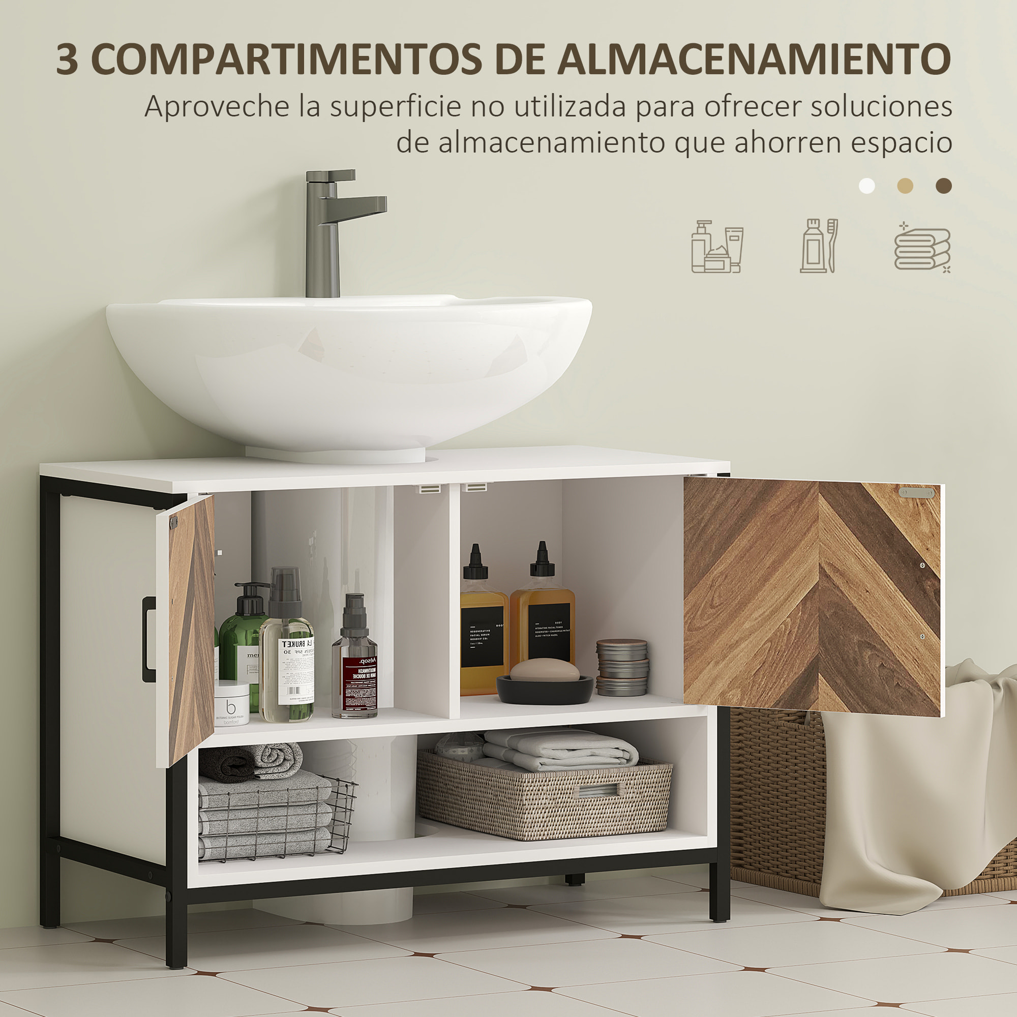 Mueble bajo Lavabo Mueble de Lavabo con Pie Mueble de Baño con 2 Puertas Patrón en Espiga y Compartimento Abierto para Lavabo con Pedestal o con Pie 80x40x60 cm Crema y Nogal