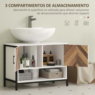 Mueble bajo Lavabo Mueble de Lavabo con Pie Mueble de Baño con 2 Puertas Patrón en Espiga y Compartimento Abierto para Lavabo con Pedestal o con Pie 80x40x60 cm Crema y Nogal