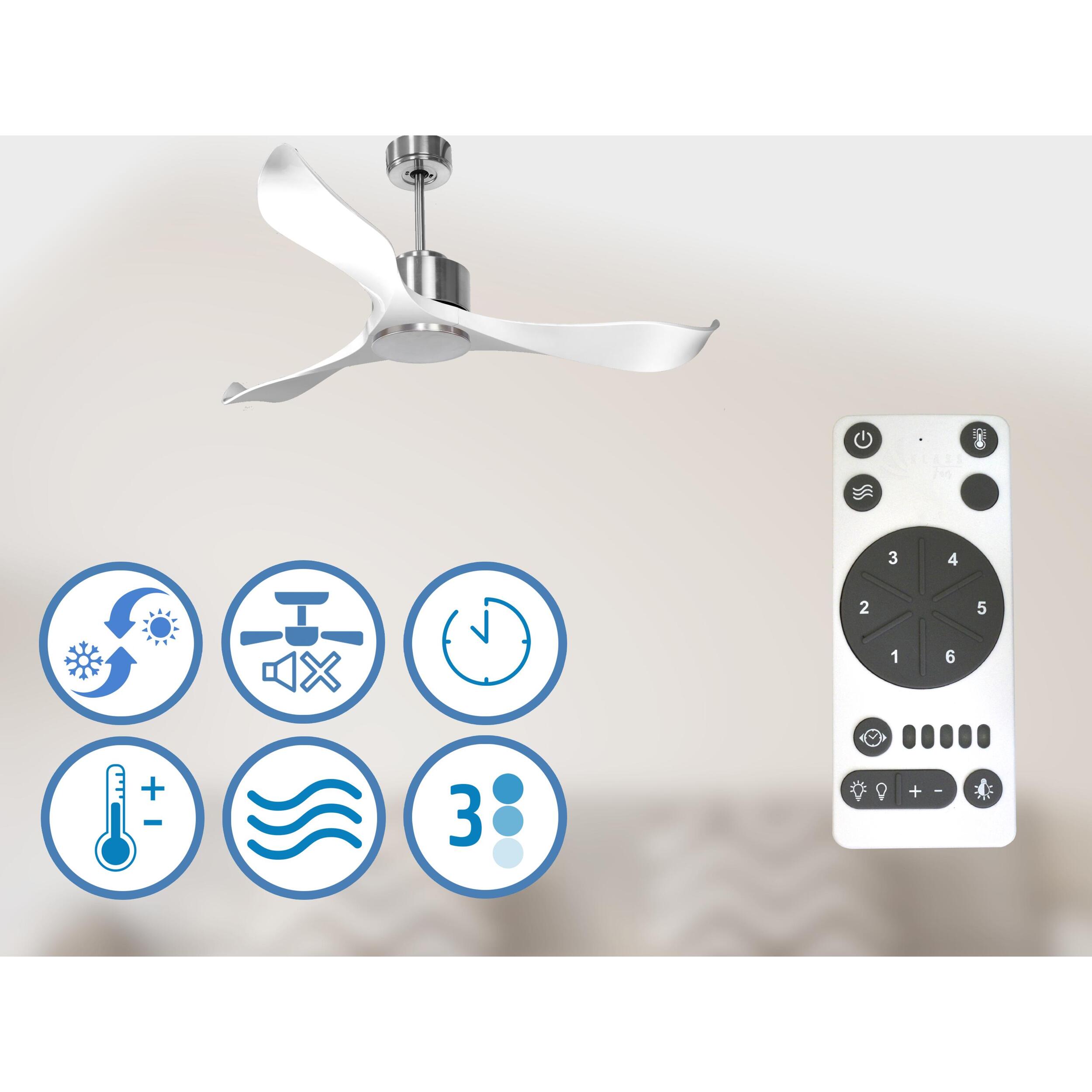 Ventilateur de plafond Wifi Moteur à courant continu Télécommande Adaptateur 2/3 Lames Hypersilence Mémoire Shopify Vendible (AUTOMATIQUE) 40   W argent