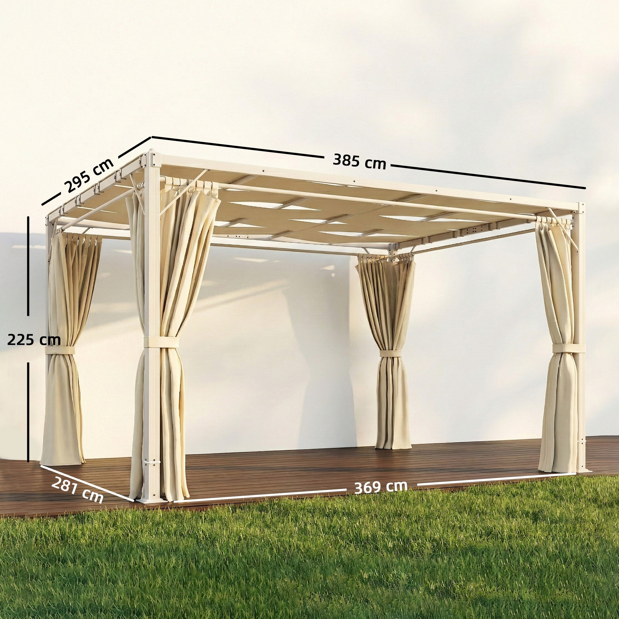 Pérgola de Jardín 3x4 m, Cenador de Jardín con Techo Ondulado, 4 Cortinas Extraíbles, Protección UPF50+ y Estructura de Acero Resistente, Pabellón para Exterior, Patio, Terraza, Beige
