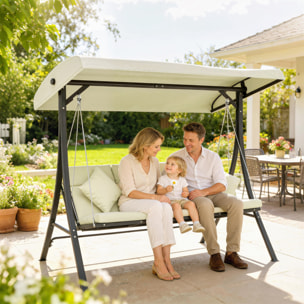 Columpio de Jardín Exterior de 3 Plazas, Balancín de Jardín Exterior con Techo Ajustable Cojines, Almohadas y Estructura de Acero, para Terraza, Patio, Carga 320 kg, 202x115x168 cm, Beige