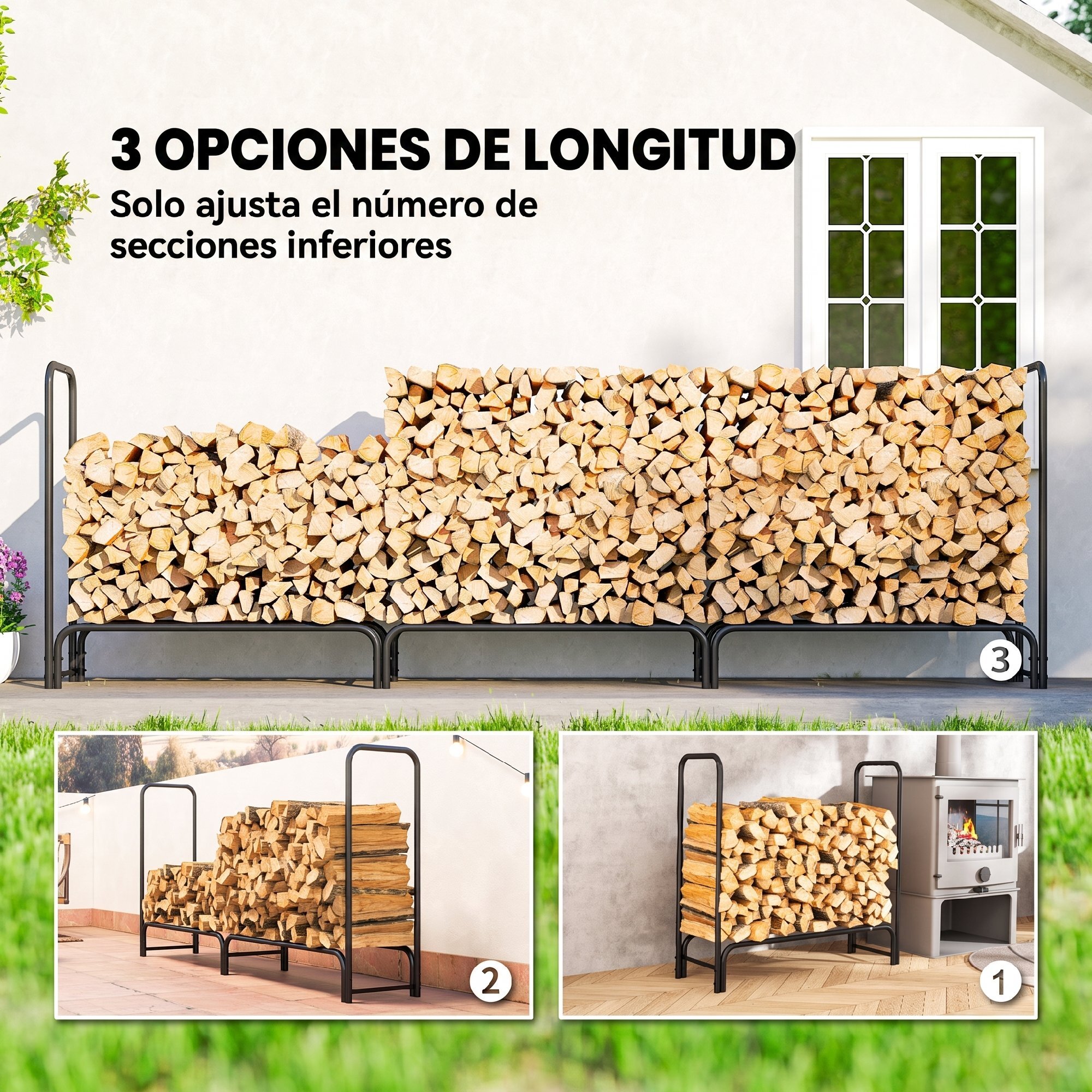 Outsunny Estante de Leña con Funda de PE, Leñero Exterior Metálico Robusto, Longitud Ajustable, Carga 300 kg, para Interior y Exterior, Jardín, Terraza, 300x36x99 cm, Verde y Negro