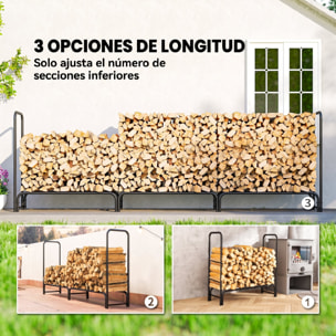Outsunny Estante de Leña con Funda de PE, Leñero Exterior Metálico Robusto, Longitud Ajustable, Carga 300 kg, para Interior y Exterior, Jardín, Terraza, 300x36x99 cm, Verde y Negro