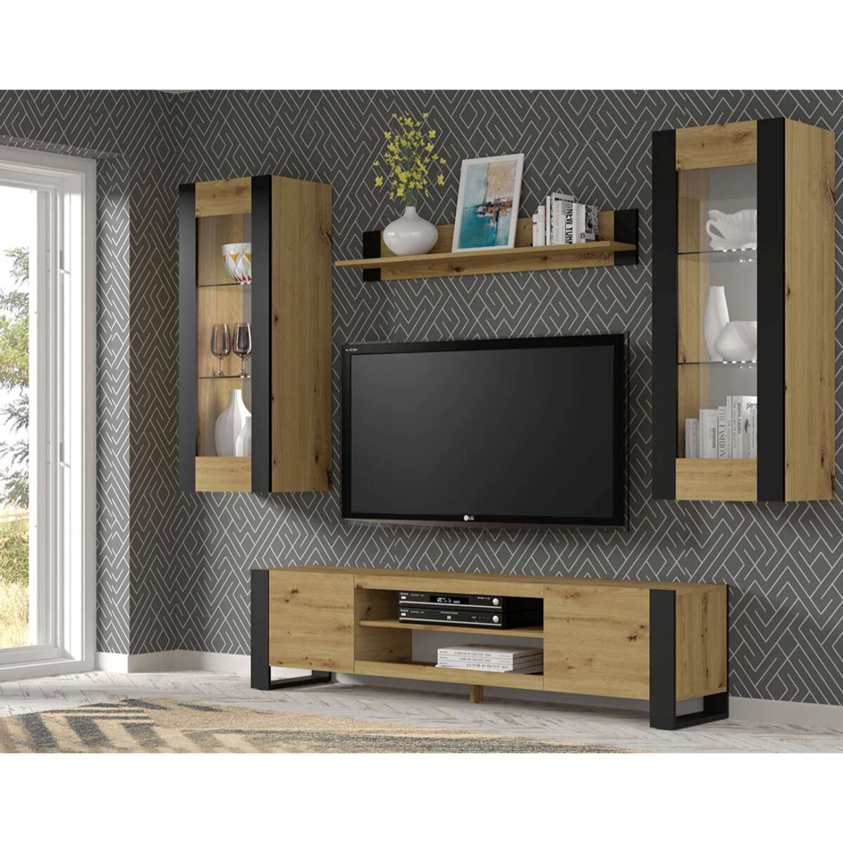 Pedro - vitrine suspendue - bois et noir - 125 cm - Bois / Noir