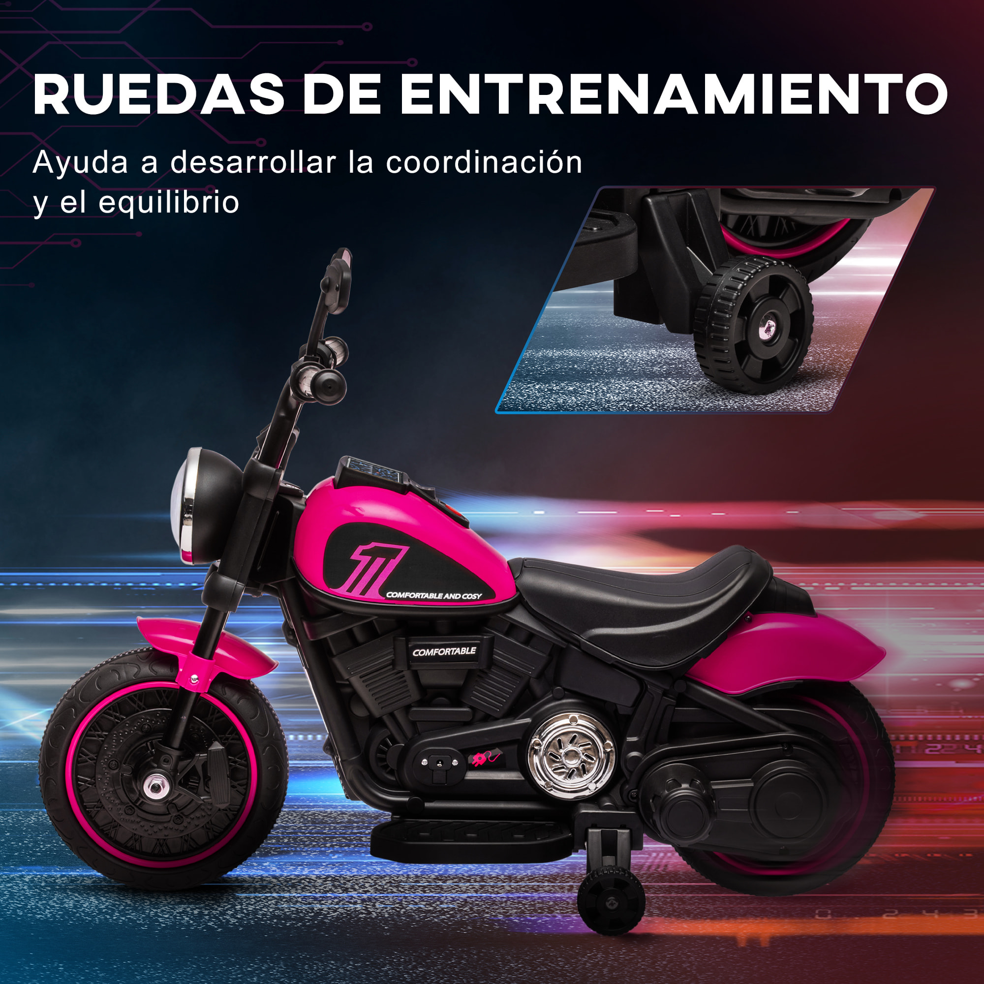 Moto Eléctrica para Niños de 18-36 Meses, Moto Eléctrica Infantil con Batería 6V, Faro y Ruedas Auxiliares Desmontables, Carga 25 kg, Rosa