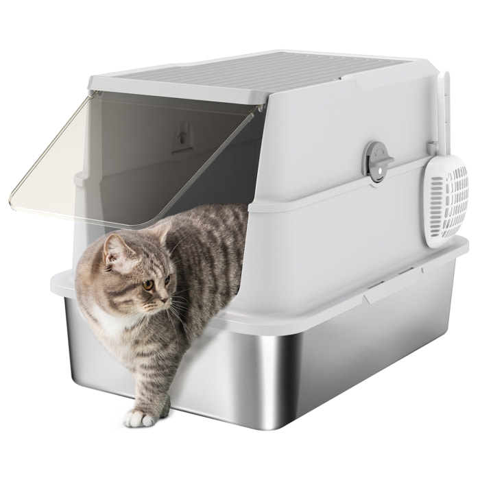 PawHut Arenero para Gatos de Acero Inoxidable XL, Caja de Arena Cerrada para Gatos Grandes, Arenero Extragrande con Tapa Abatible, Borde Alto, Pala, Fácil de Limpiar, Antifugas, Gris Claro