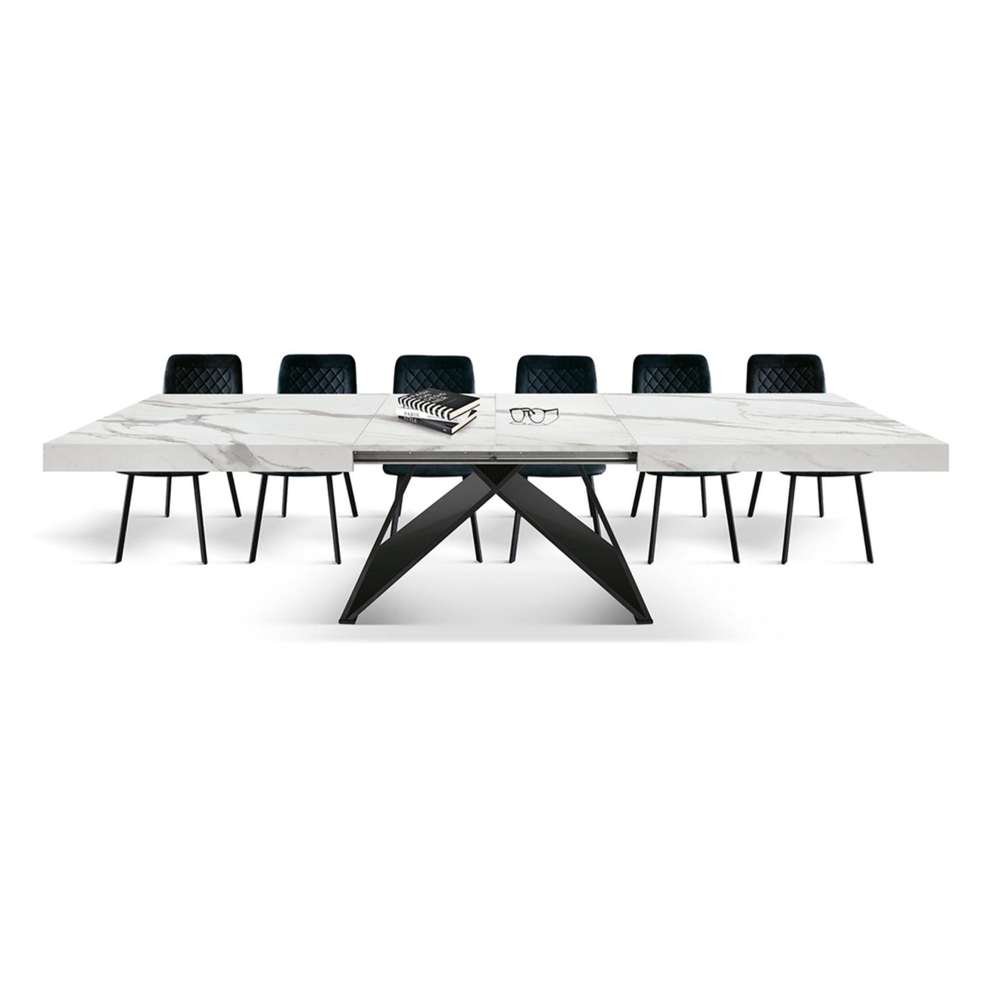 Tavolo VULCANO in legno, finitura bianco statuario e base in legno mdf nero, allungabile 160x90 cm - 240x90 cm