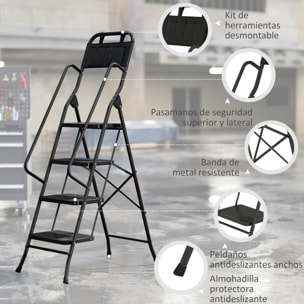 Escalera Plegable de 4 Peldaños con Bolsa de Herramientas, Escalera de Tijera, Carga 150 kg, con Peldaños Anchos Antideslizantes, Bloqueo de Seguridad, Apoyabrazos, Negro