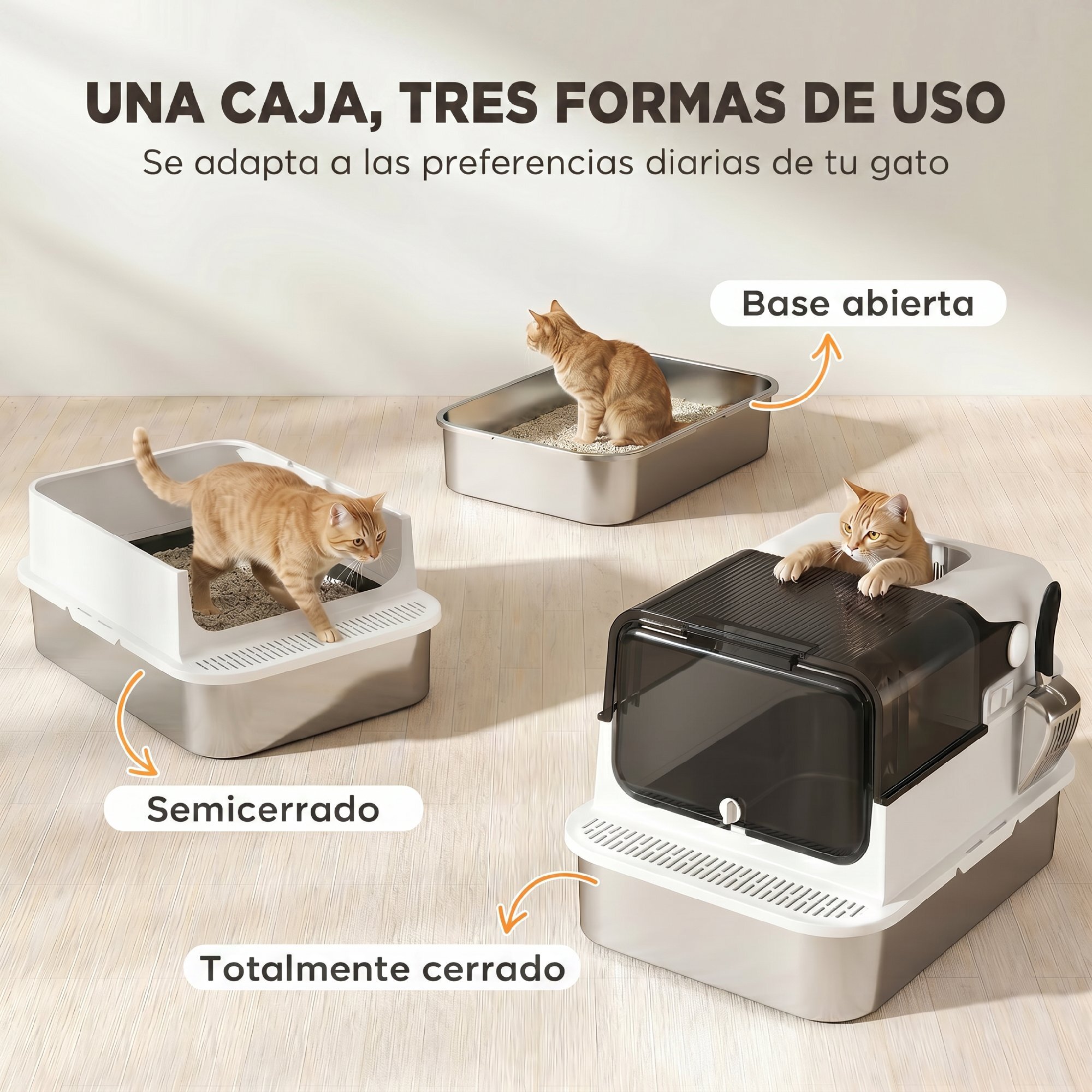 Arenero para Gatos de Acero Inoxidable XXL, Caja de Arena para Gatos Grandes, Arenero con Tapa Abatible, Laterales Altos, Entrada Superior, Pala, sin Olores, Fácil de Limpiar, Antifugas, Blanco