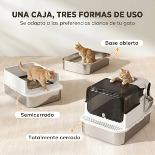 Arenero para Gatos de Acero Inoxidable XXL, Caja de Arena para Gatos Grandes, Arenero con Tapa Abatible, Laterales Altos, Entrada Superior, Pala, sin Olores, Fácil de Limpiar, Antifugas, Blanco