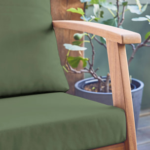 Salon de jardin USHUAIA 5 places kaki en bois d'acacia. un canapé. une table. deux fauteuils