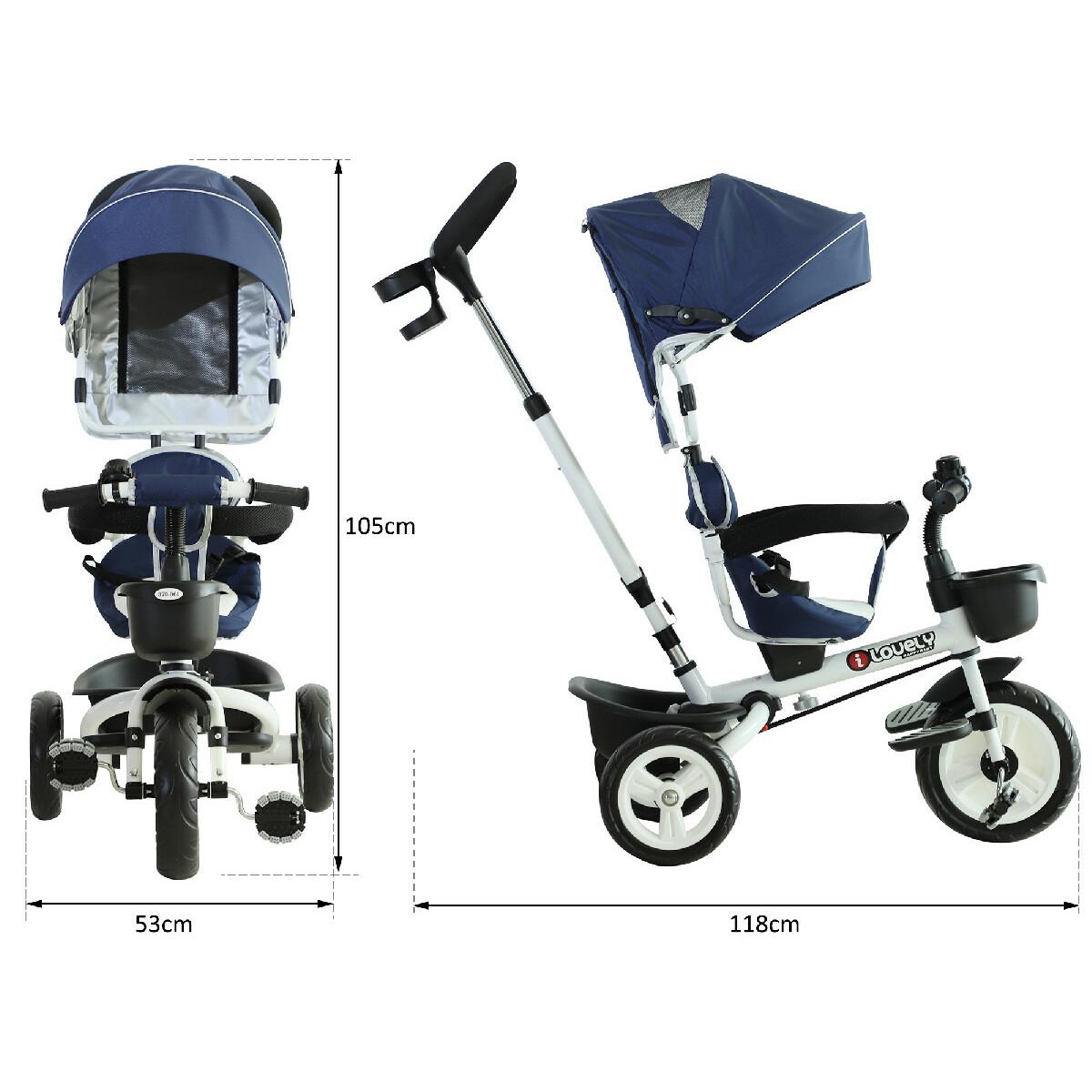 Tricycle enfant évolutif pliable pare-soleil pliable canne télescopique amovible 118L x 53l x 105H cm métal blanc bleu noir