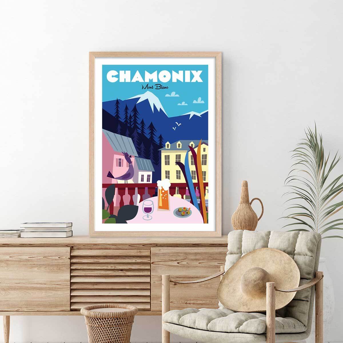 Affiche Chamonix Mont Blanc Affiche + cadre en bois - Chêne