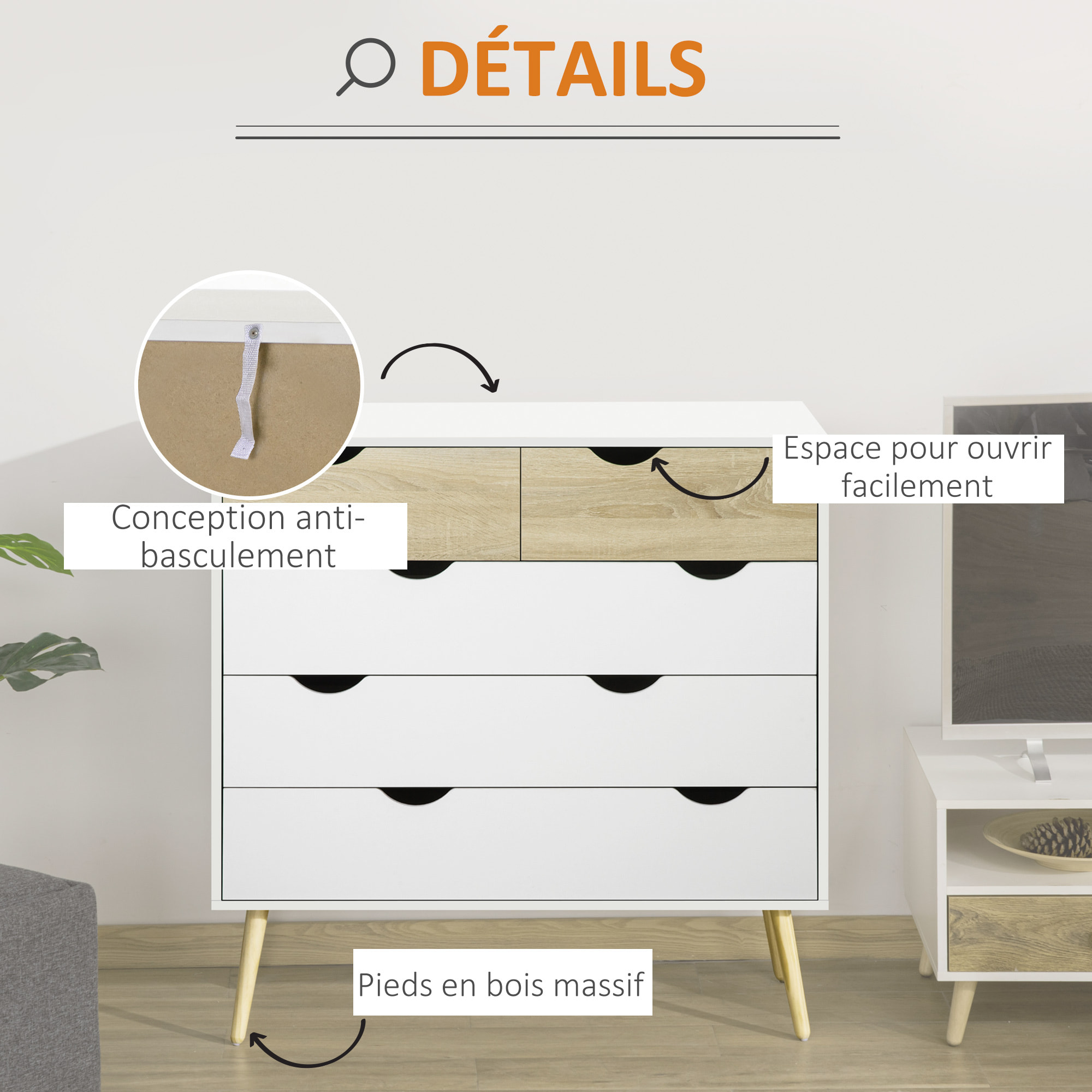 Commode 5 tiroirs design scandinave meuble de rangement chambre panneau de particules 99 x 39 x 101 cm blanc aspect chêne clair