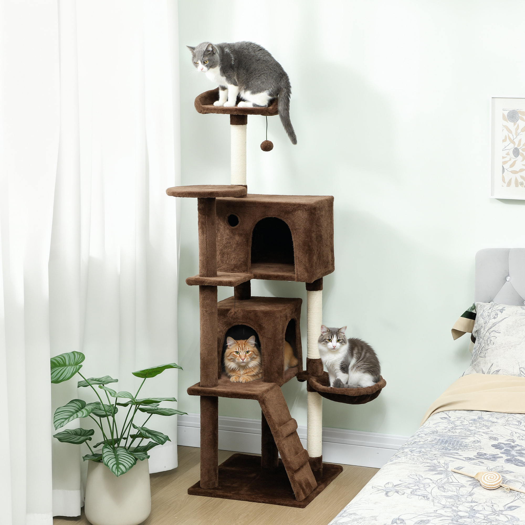 Árbol Rascador para Gatos, Árbol para Gatos 160 cm, Torre Escalador con Múltiples Plataformas, Cama, 2 Cuevas, Hamaca, Escalera, Postes de Sisal, Bolas para Jugar, Marrón