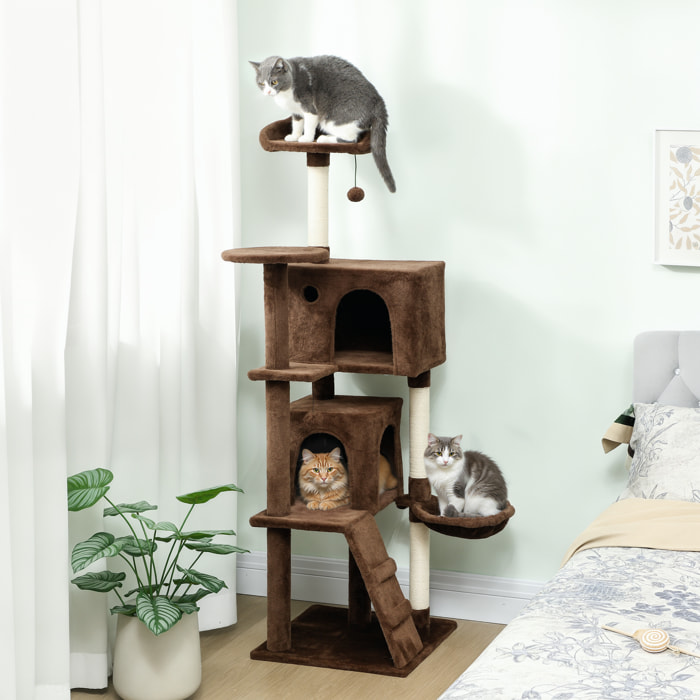 Árbol Rascador para Gatos, Árbol para Gatos 160 cm, Torre Escalador con Múltiples Plataformas, Cama, 2 Cuevas, Hamaca, Escalera, Postes de Sisal, Bolas para Jugar, Marrón