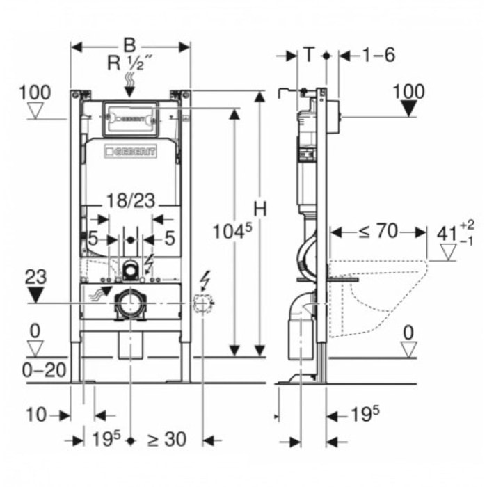 Pack WC sans bride Infinitio, fixations invisibles + Abattant softclose slim + Bâti autoportant Geberit UP100 + Plaque blanche