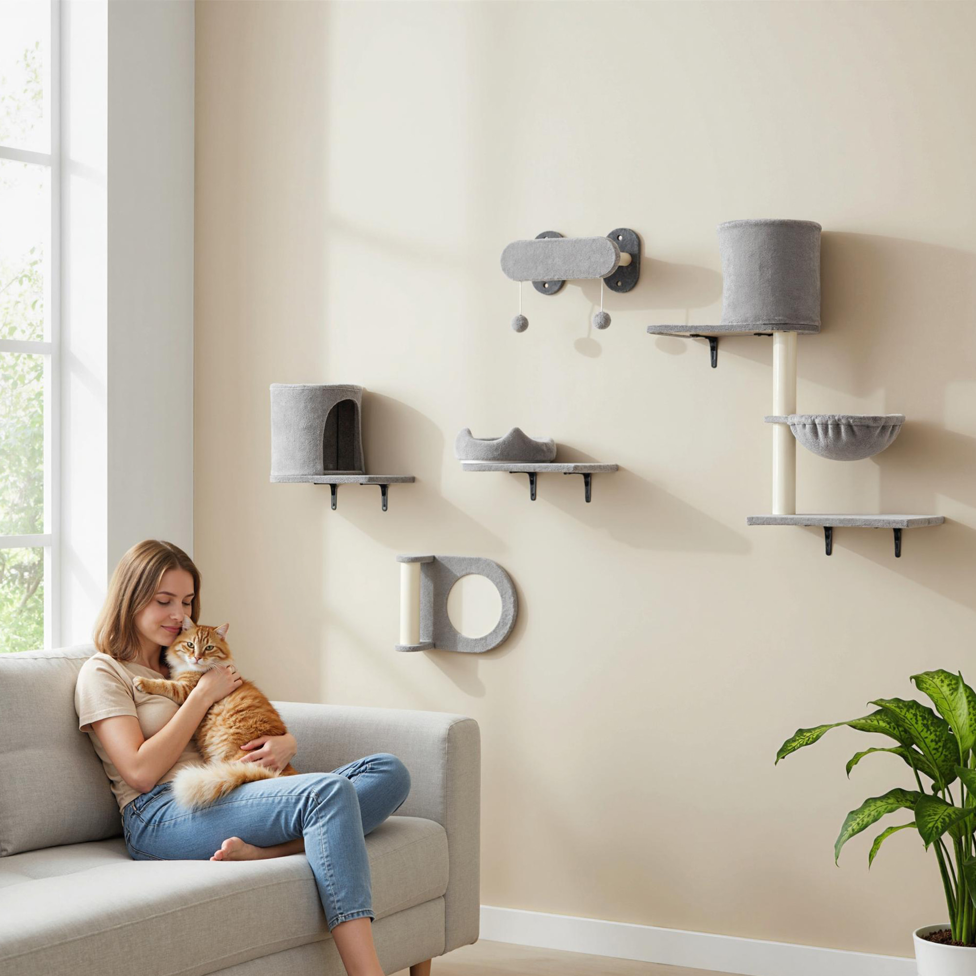 Arbre à chat design mural - parcours mural en bois pour chat 5 pièces variées - crème gris