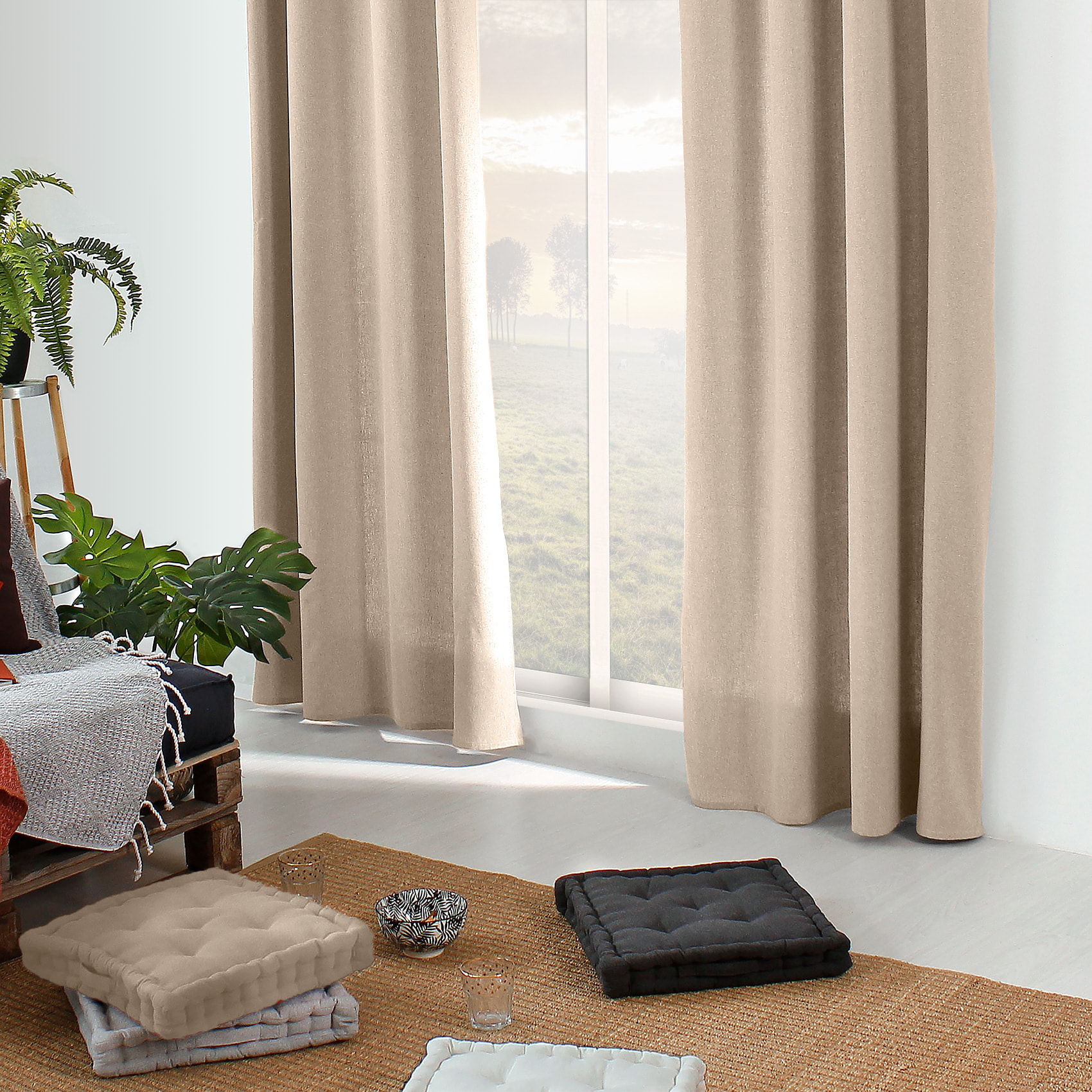 Rideau en coton recyclé  - Effet chiné - Naturel