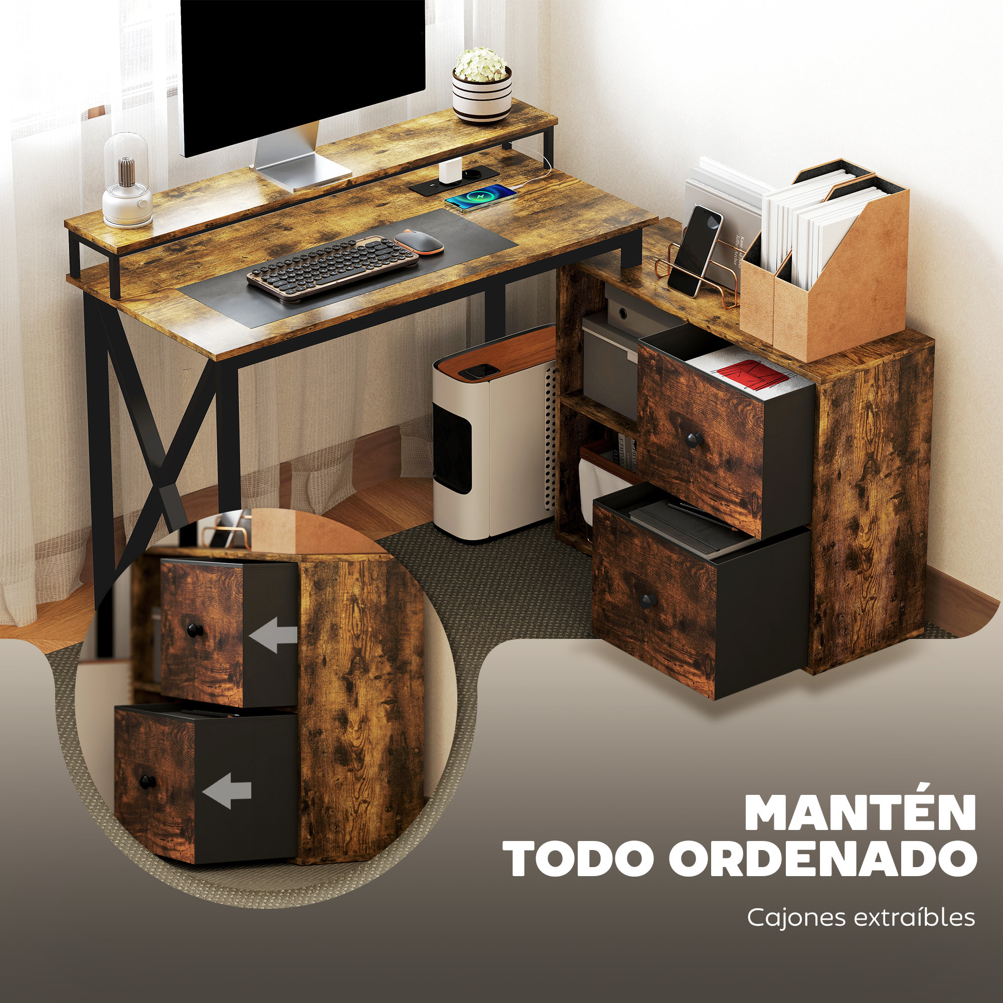 Escritorio Esquinero con Luces LED Escritorio en Forma de L con Estación de Carga 2 Compartimentos 2 Cajones de Tela Soporte para Monitor para Oficina en Casa Marrón Rústico