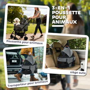 Poussette pour chien  siège auto sac de transport 3 en 1 gris
