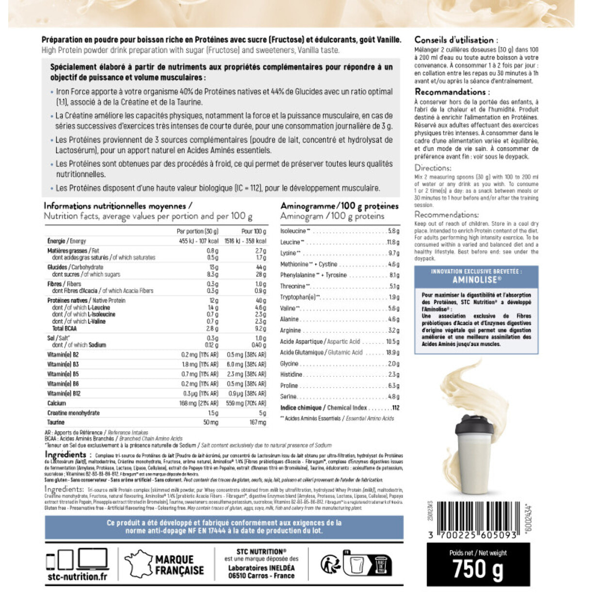 STC NUTRITION - Iron Force - Préparation en poudre pour boisson riche en Protéines, Créatine, Taurine - Puissance & Volume musculaires - 100% Digeste - 25 shakers - Doypack 750g