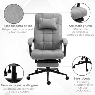 Silla de Oficina Reclinable Silla de Escritorio Giratoria Tapizado de Tela con Altura Ajustable Reposapiés Reposacabezas y Reposabrazos Carga 120 kg para Estudio 66x76x116-124 cm Gris