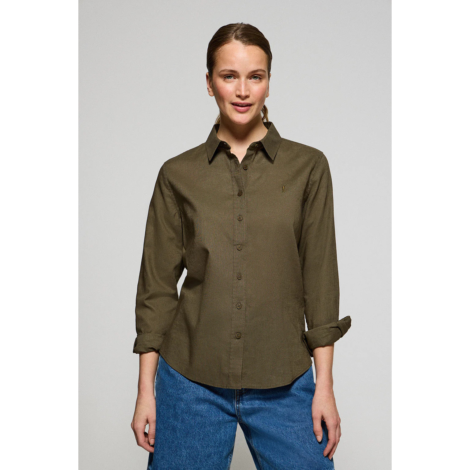 Camisa verde oscuro regular de lino y algodón con bordado Rigby Go