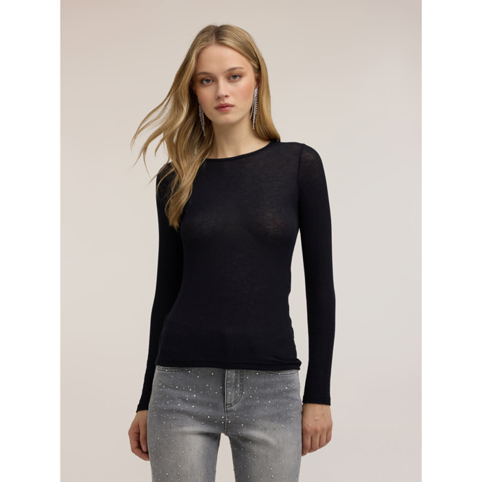 Motivi - T-shirt a coste in misto modal - Nero