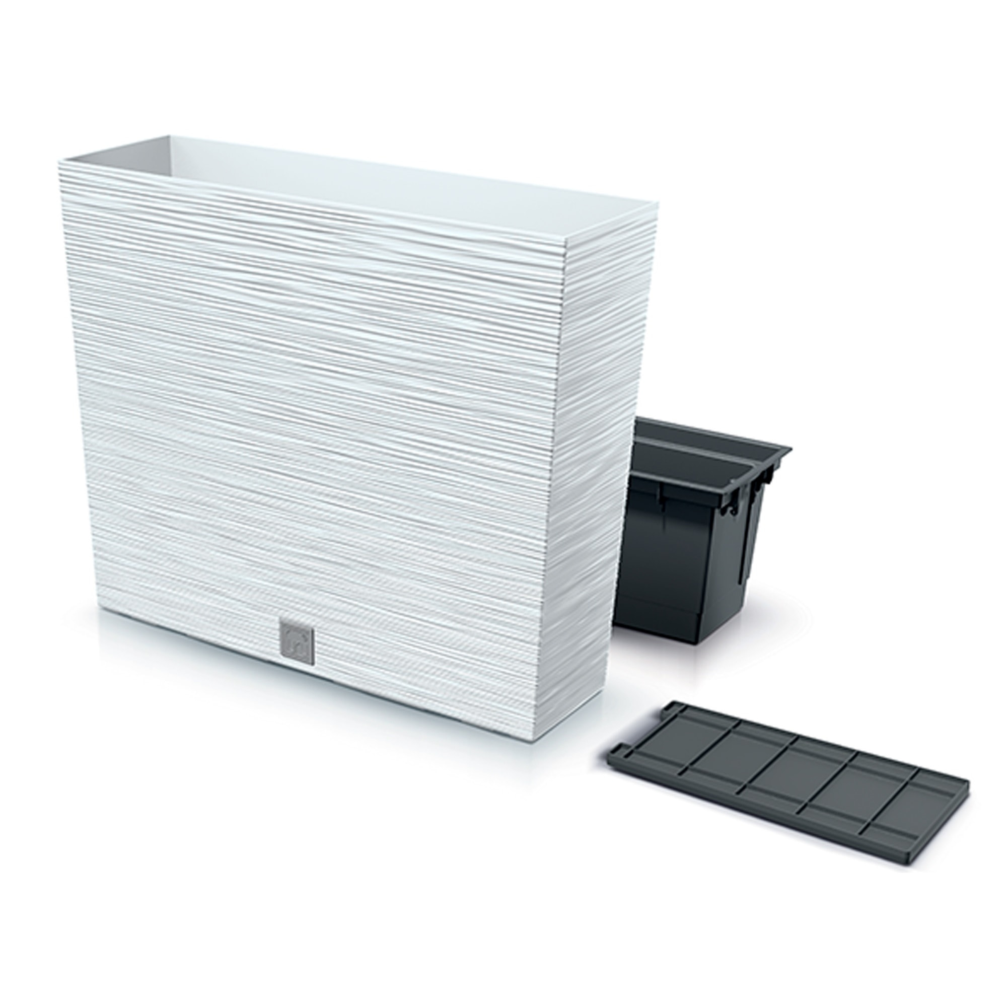 Macetero color blanco, con depósito, colección FURU, de 58 x 18 x 49,8 cm, capacidad de 12 L.