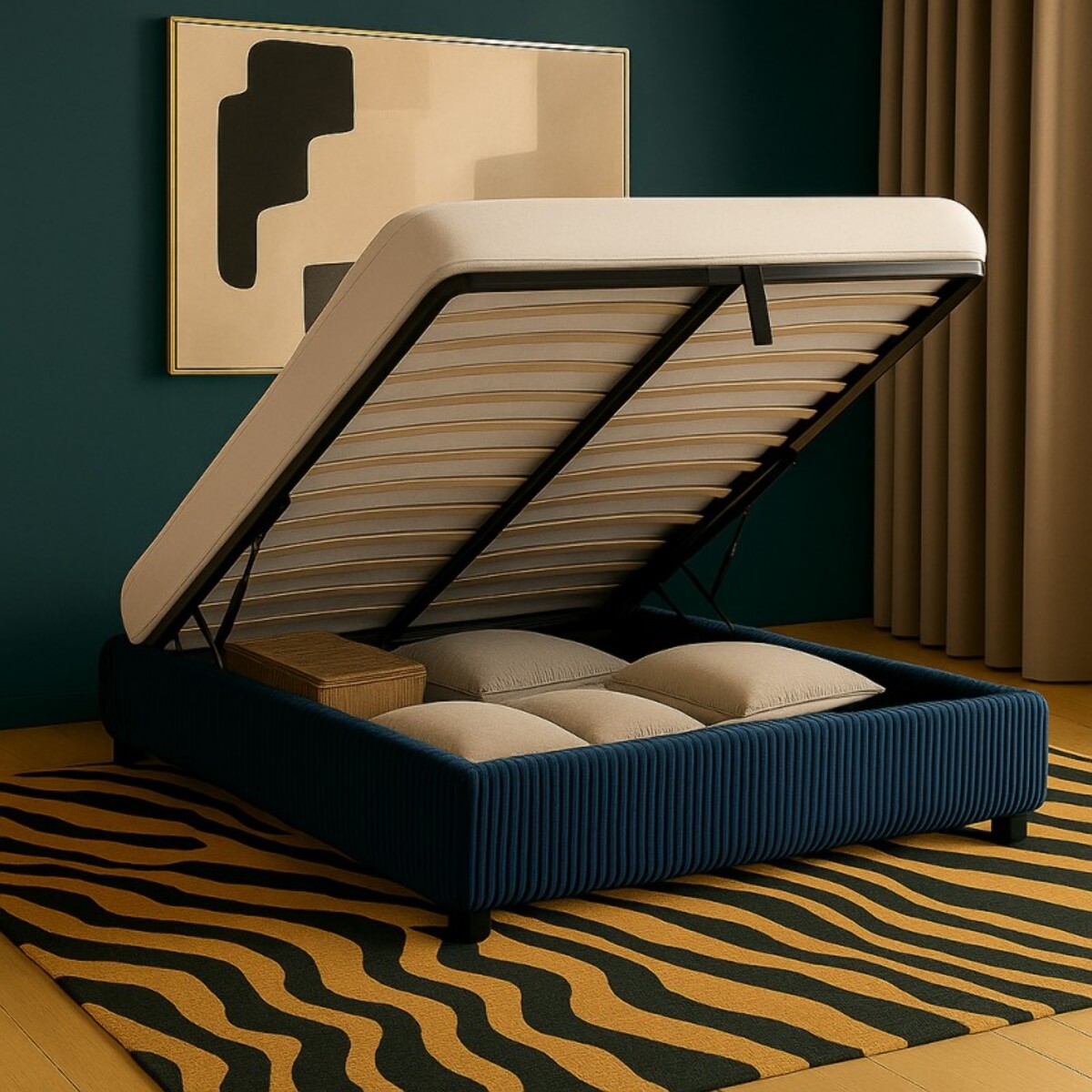 Lit coffre Cancun | Espace de Stockage jusqu'à 900 L | Robuste et Large Angle d’Ouverture | Velours Côtelé | Bleu nuit