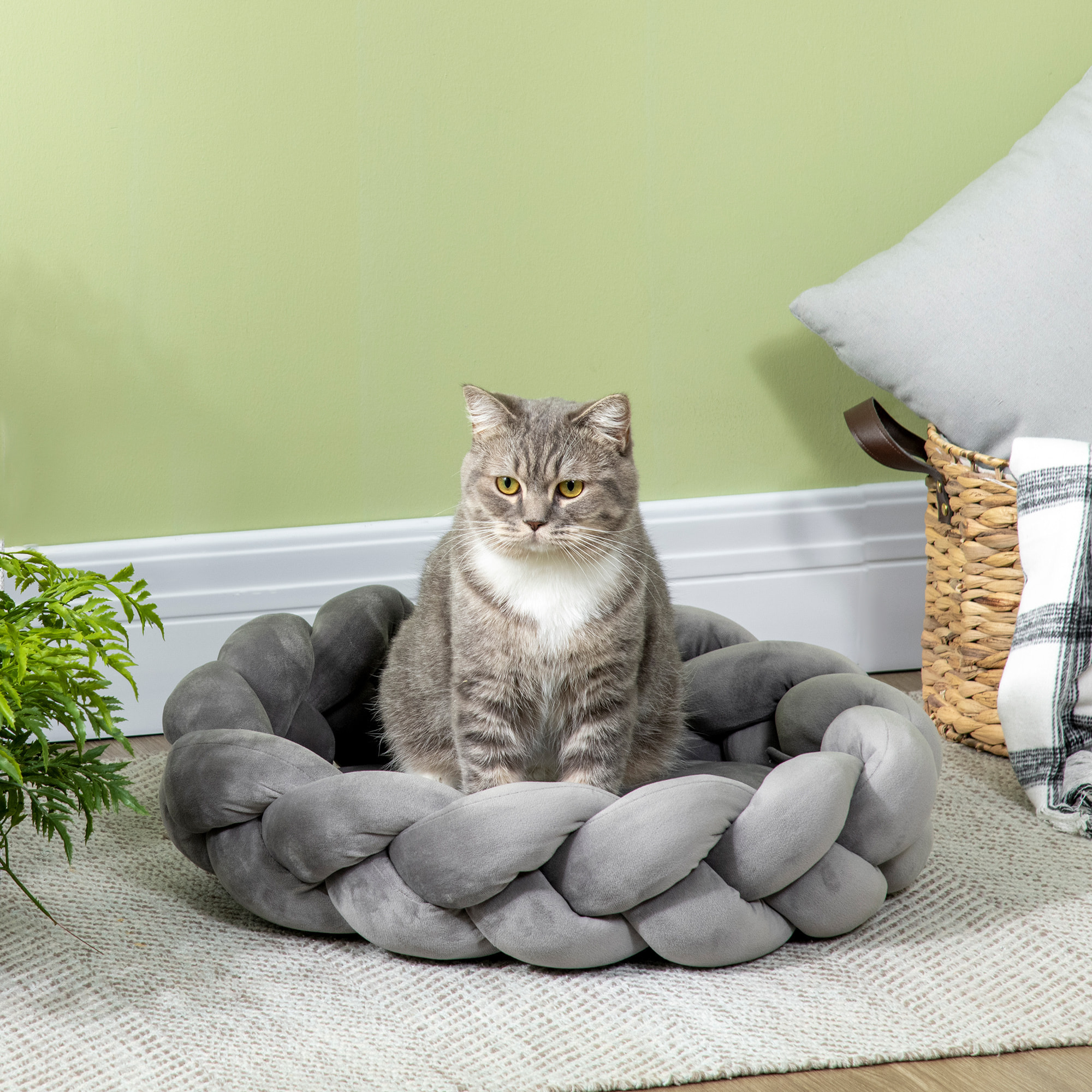 Cama para Perros Pequeños Antiestrés Cama para Gatos Lavable Cama para Mascotas Redondo con Cojín Independiente y Cuerda de Algodón 55x55x14 cm Gris
