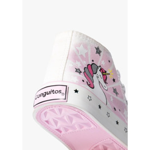 Zapatillas Altas de Niña de Lona con Estampado de Unicornio en Blanco