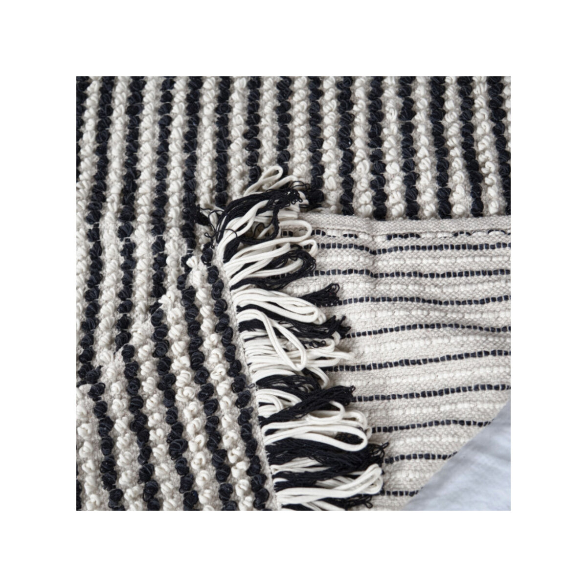 Tapis 140x200 cm en tissu texturé pompons avec franges bicolores - MARINE