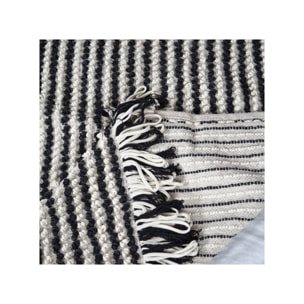 Tapis 140x200 cm en tissu texturé pompons avec franges bicolores - MARINE