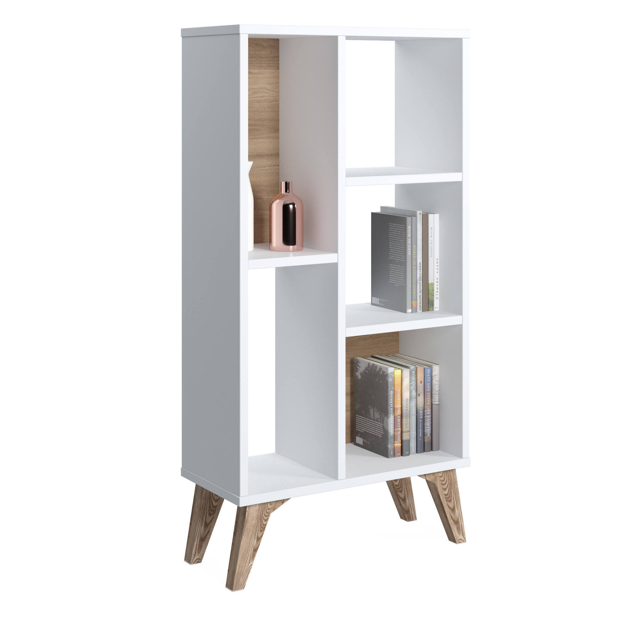 Libreria essenziale con cinque scomparti aperti di diverse misure, cm 55 x 25 x 106, colore bianco con dettaglio noce