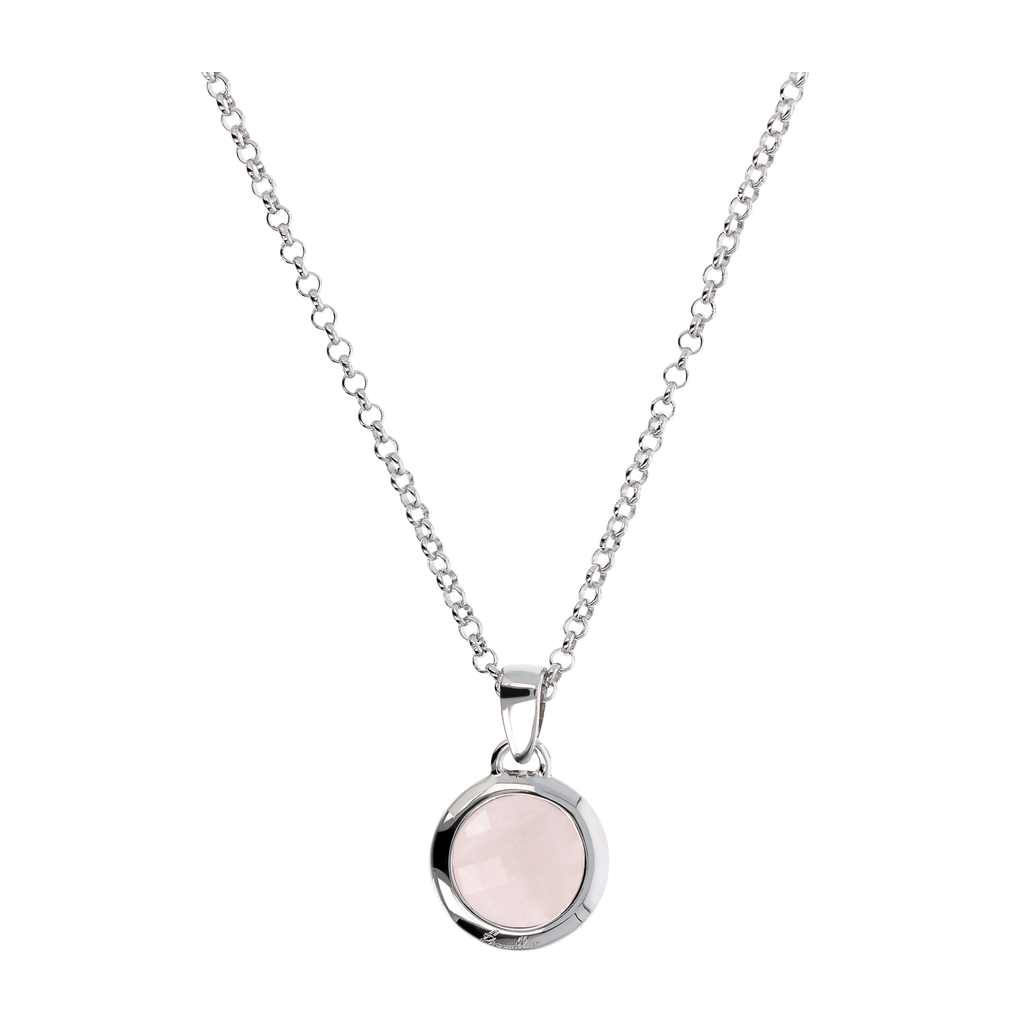 Collana Lunga Catena Rolo White con Pendente Tondo in Quarzo Rosa Sfaccettato