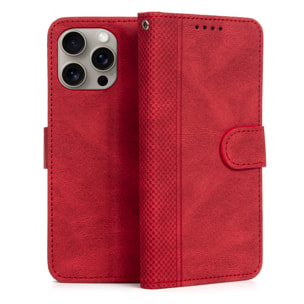 DAM Funda antigolpes tipo libro simil piel para iPhone 15 Pro Max. Tarjetero interior, muñequera extraíble. 8,42x1,72x16,67 Cm. Color: Granate