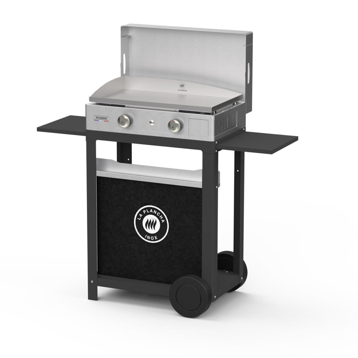 LE MARQUIER - La Plancha Inox Duo Edition : Plancha 260 Gaz + Chariot Noir + Couvercle Inox+ Porte Épices Et Rideau