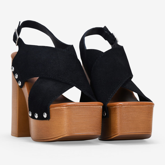 Sandalias de tacón negras en piel con plataforma